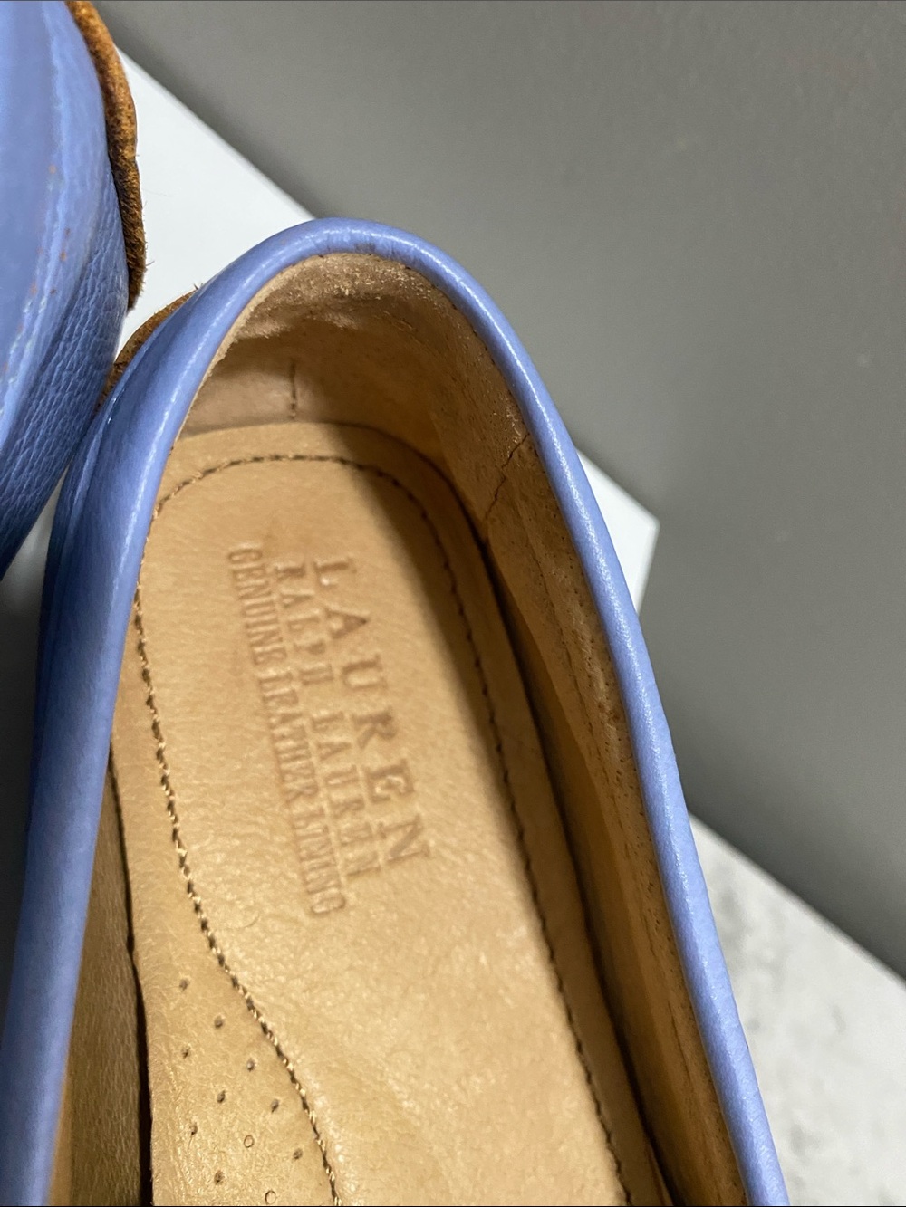 Ralph Lauren Carley Liight Blue Pebbled Leather Loafers with Gold RL Medallion - Picture 2 of 14
